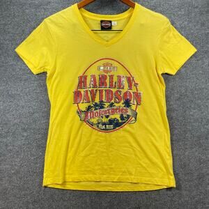 Harley Davidson Belize T-Shirt Women's Medium Yellow Graphic Logo Spellout Biker